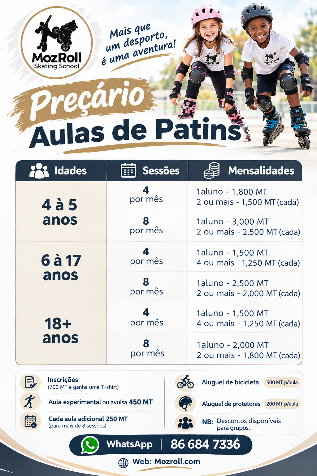 Cartaz Preçário Aulas de Patins da MozRoll